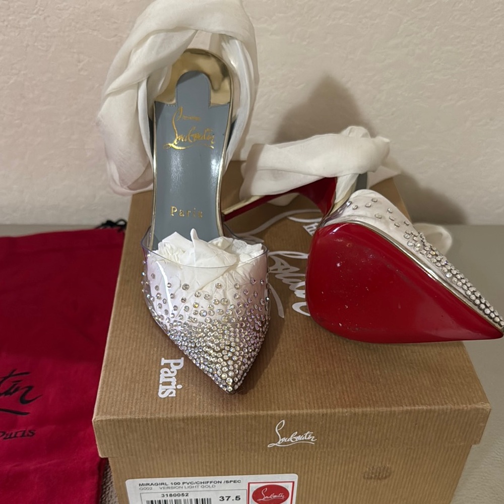 Christian Louboutin Red and White Crystal Embellished Heels
